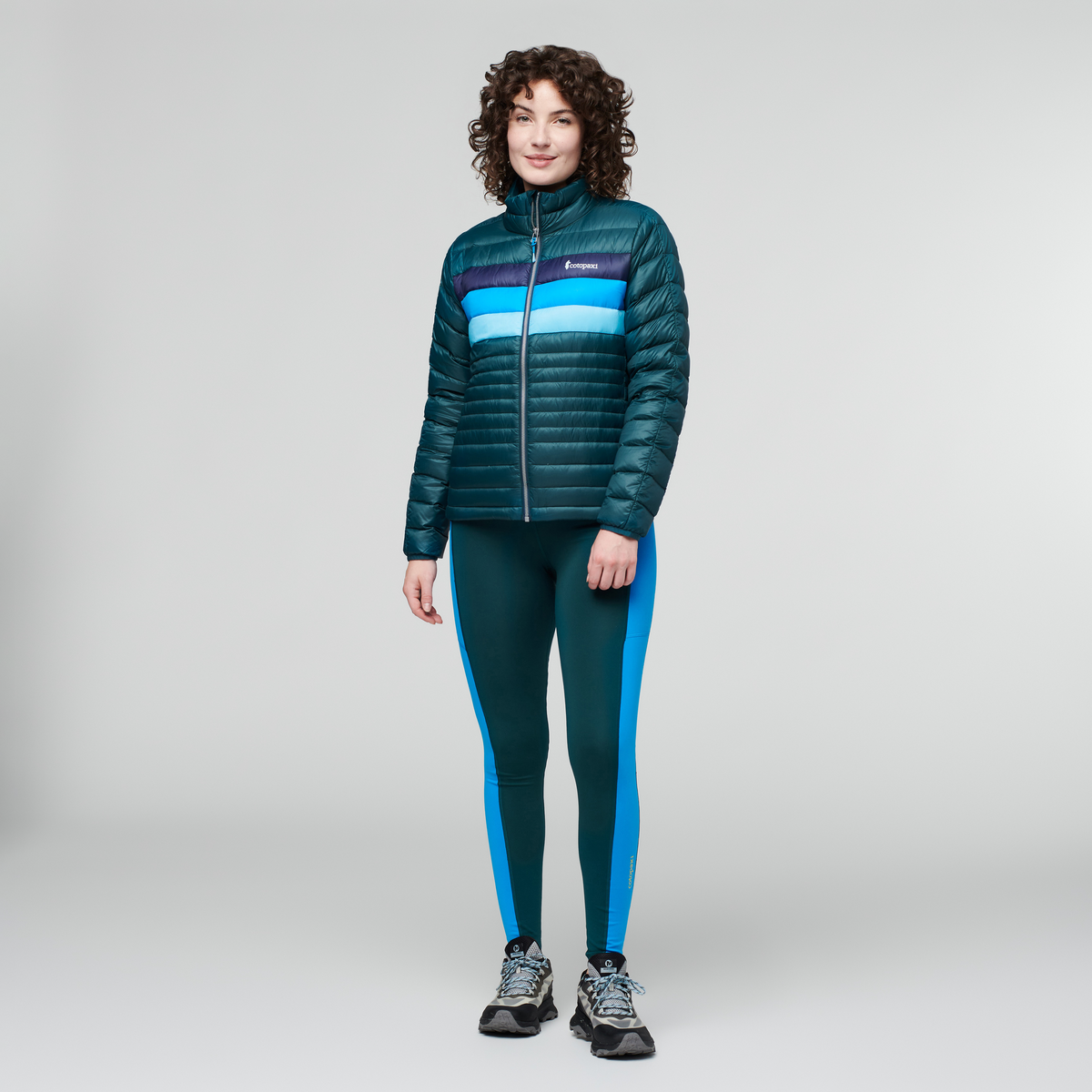 Fuego Down Jacket - Women's, Deep Ocean Stripes, Model Courtney