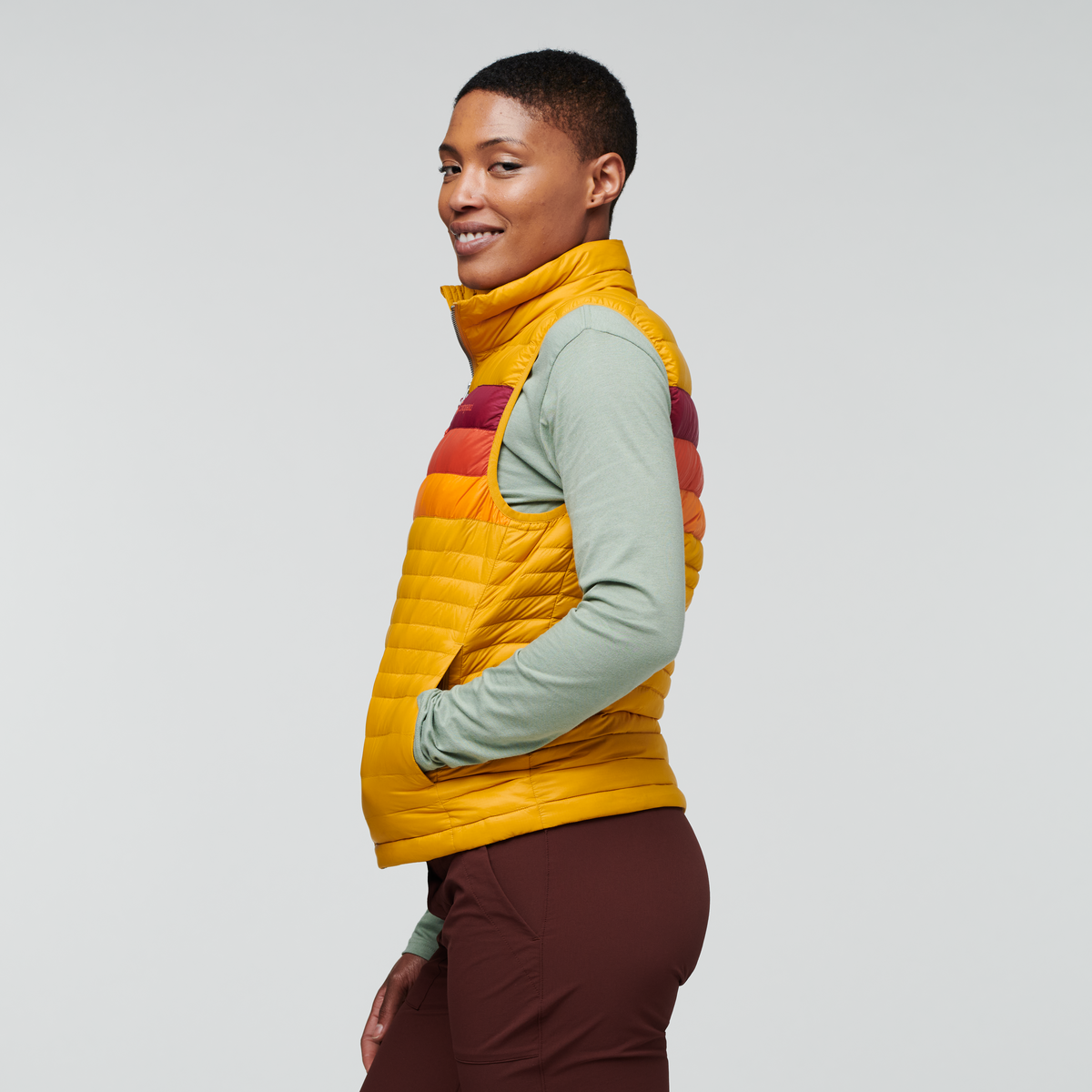 Fuego Down Vest - Women's, Amber Stripes, Model Callie