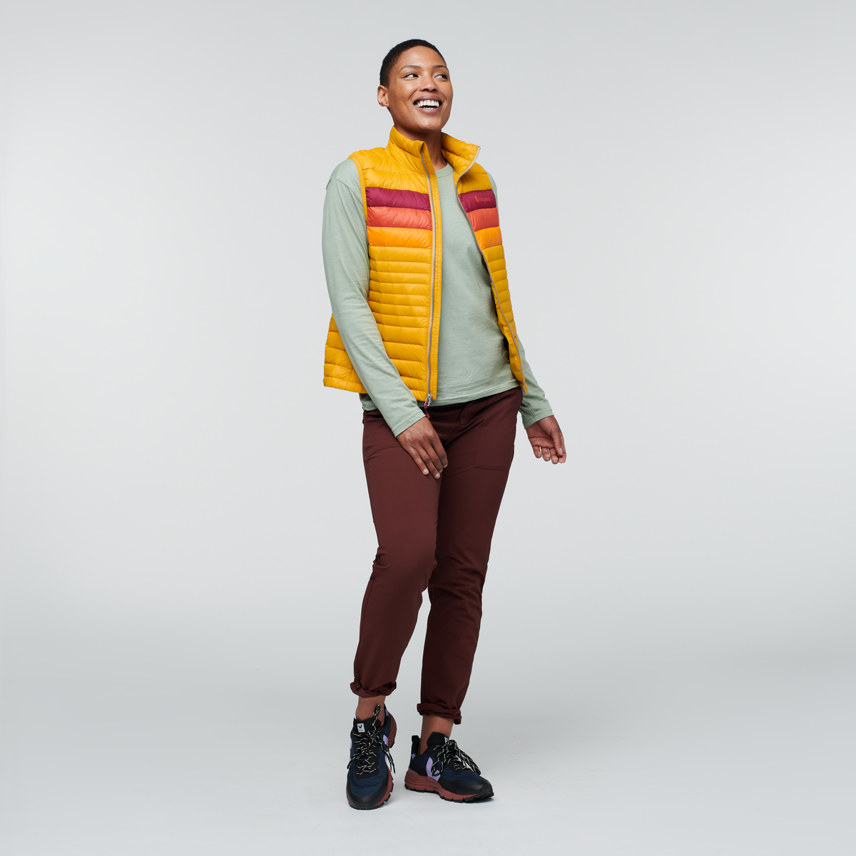 Fuego Down Vest - Women's, Amber Stripes, Model Callie