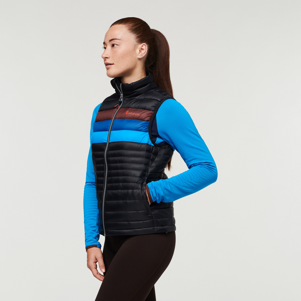 Fuego Down Vest - Women's, Black/Chestnut Stripes, Model Aya