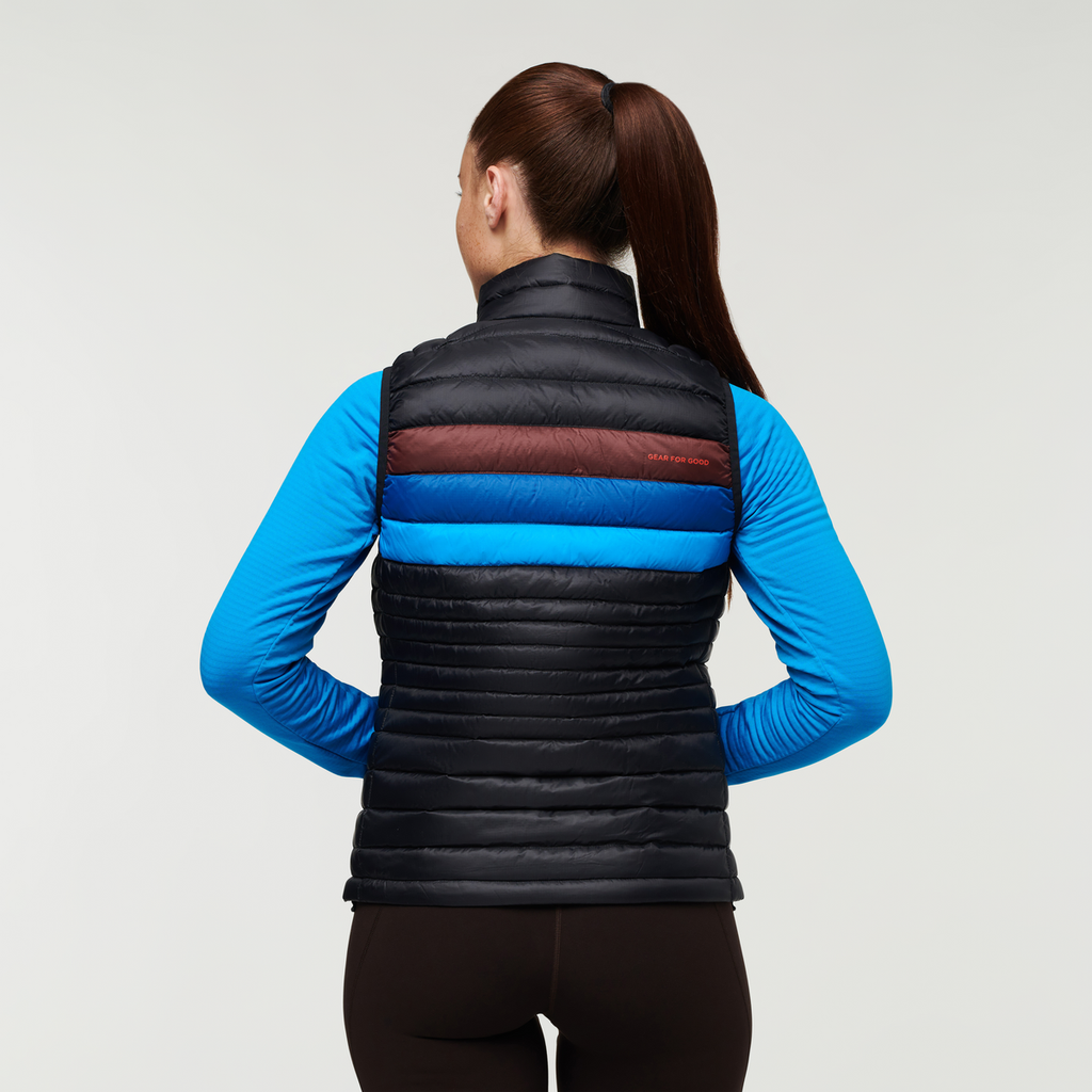 Fuego Down Vest - Women's, Black/Chestnut Stripes, Model Aya