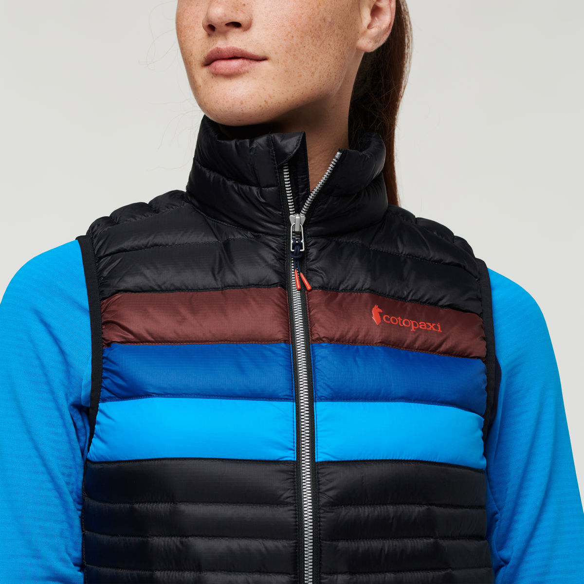 Fuego Down Vest - Women's, Black/Chestnut Stripes, Model Aya