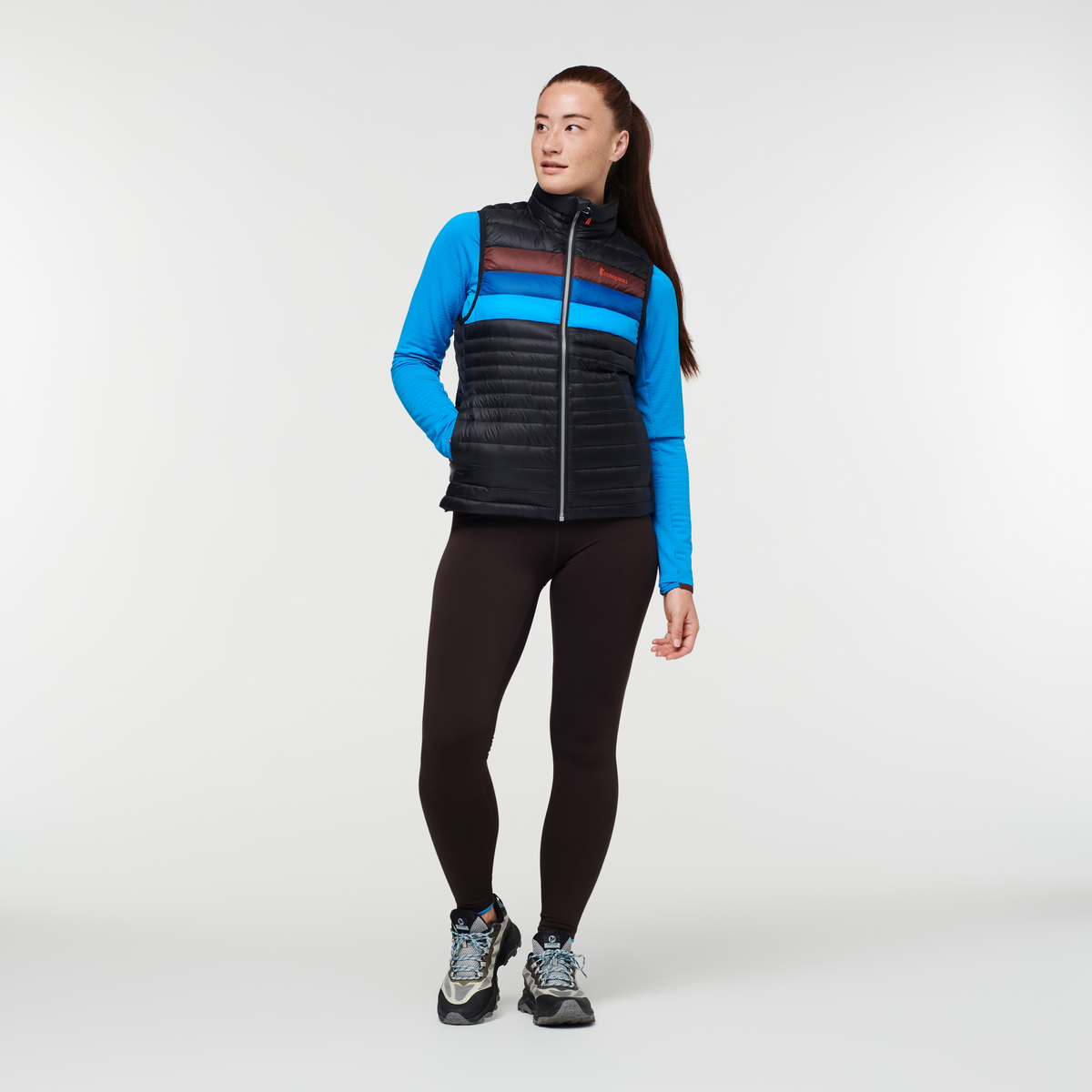 Fuego Down Vest - Women's, Black/Chestnut Stripes, Model Aya