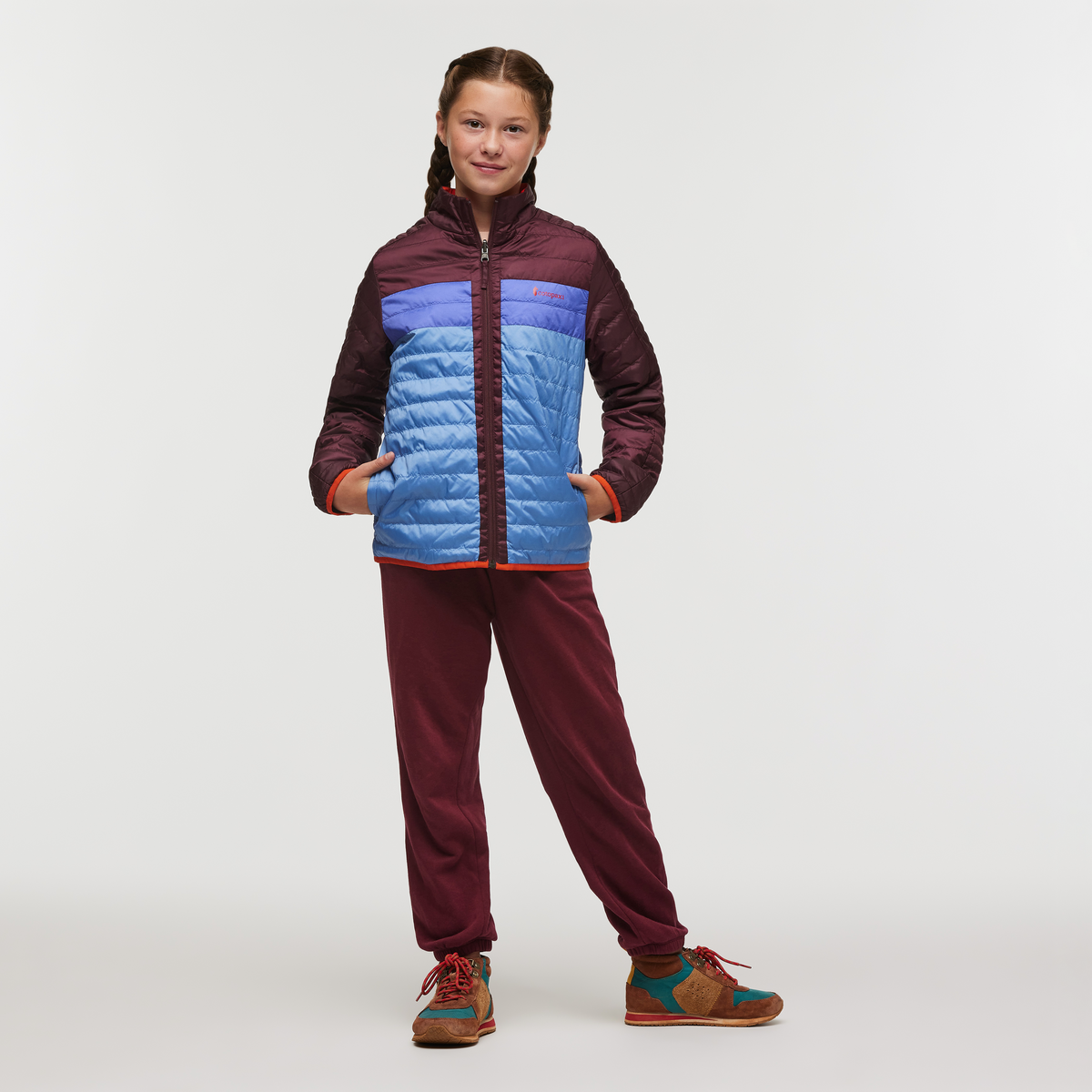 Capa Insulated Jacket- Kids', Wine/Lupine, Model Gemma Nye