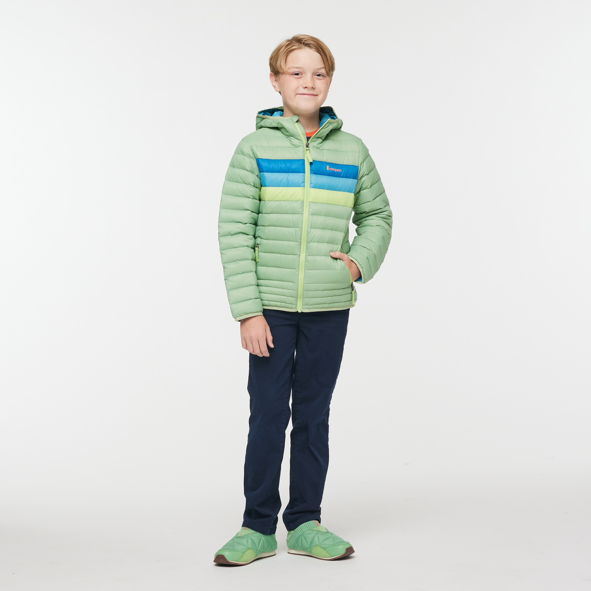 Fuego Hooded Down Jacket - Kids', Aspen Stripes, Model Dax