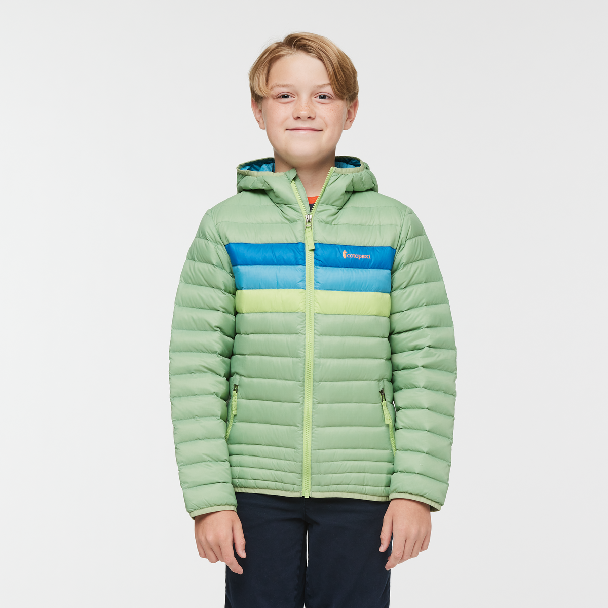 Fuego Hooded Down Jacket - Kids', Aspen Stripes, Model Dax