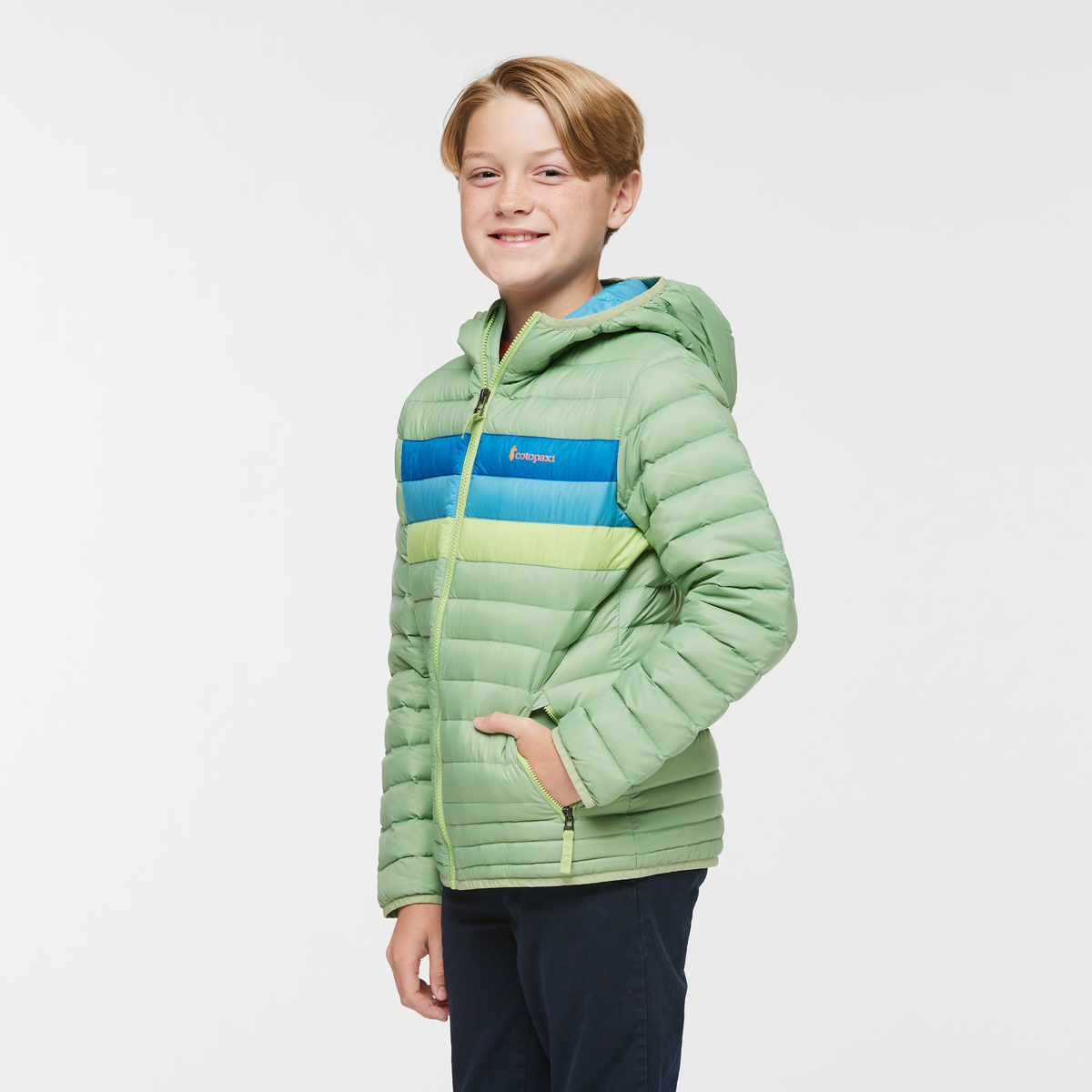 Fuego Hooded Down Jacket - Kids', Aspen Stripes, Model Dax