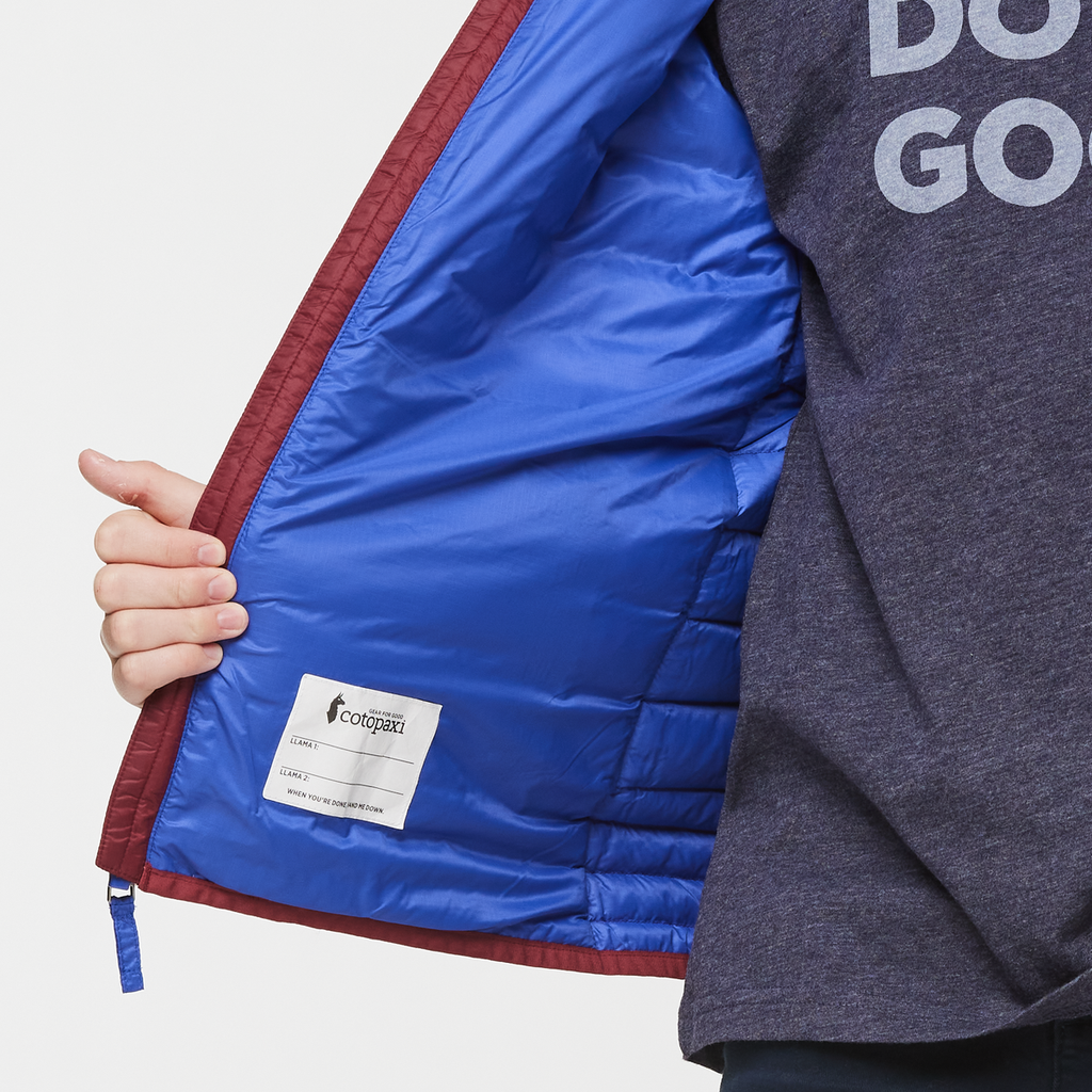 Fuego Hooded Down Jacket - Kids', Burgundy Stripes, Model Dax