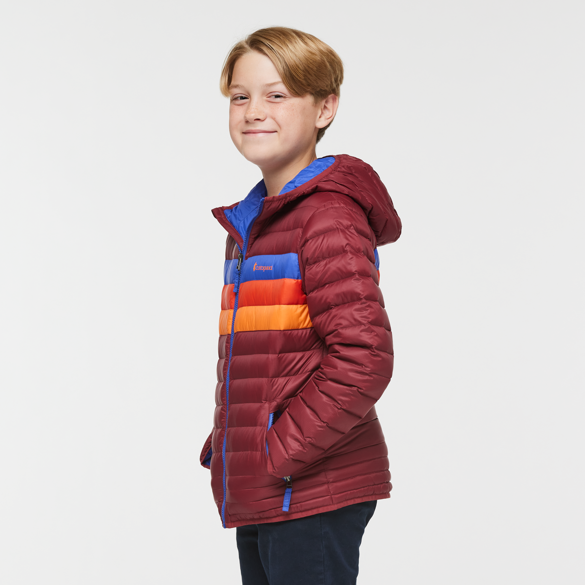 Fuego Hooded Down Jacket - Kids', Burgundy Stripes, Model Dax