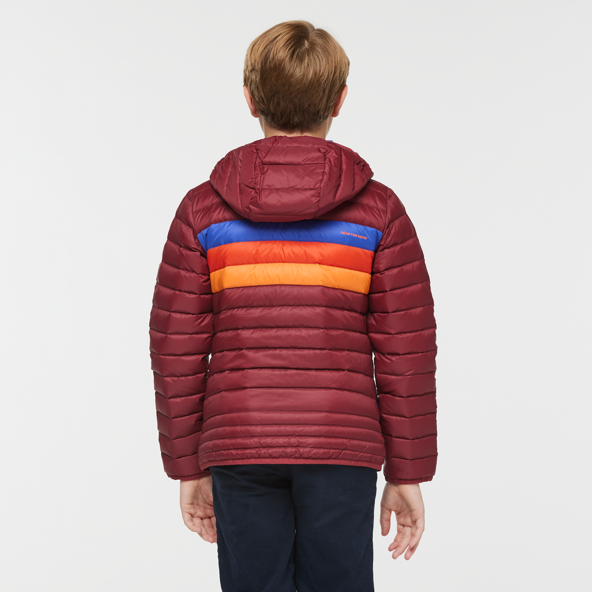 Fuego Hooded Down Jacket - Kids', Burgundy Stripes, Model Dax