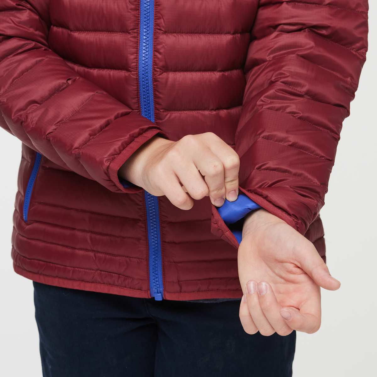Fuego Hooded Down Jacket - Kids', Burgundy Stripes, Model Dax