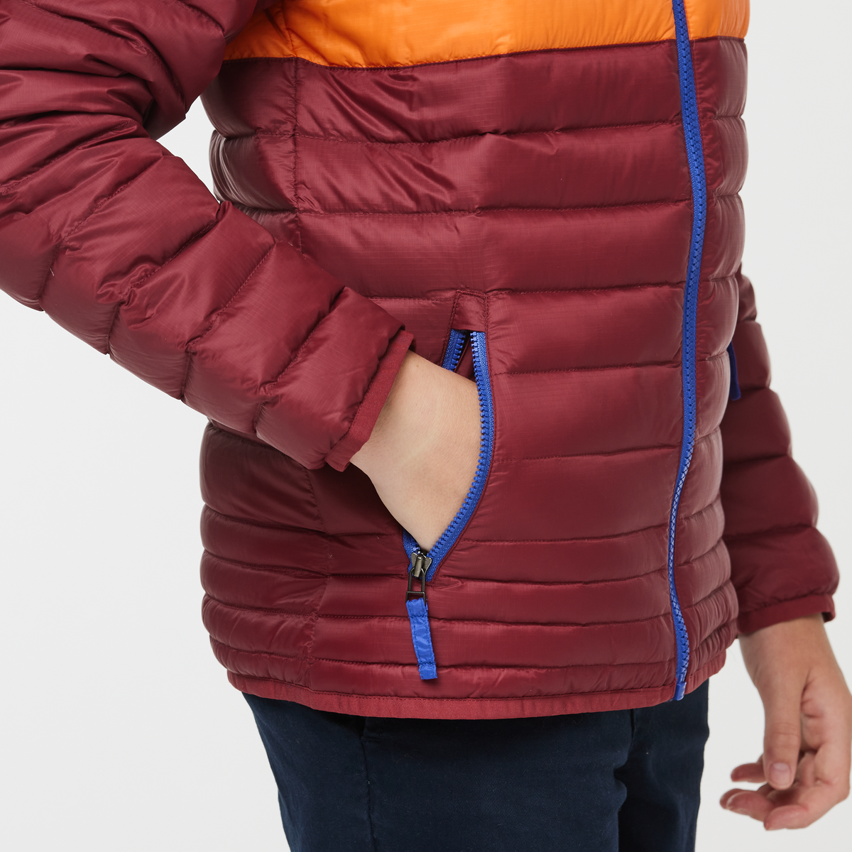 Fuego Hooded Down Jacket - Kids', Burgundy Stripes, Model Dax