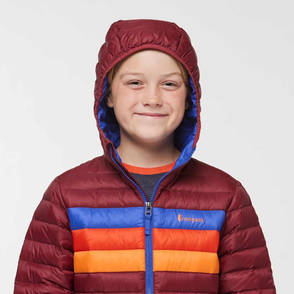 Fuego Hooded Down Jacket - Kids', Burgundy Stripes, Model Dax