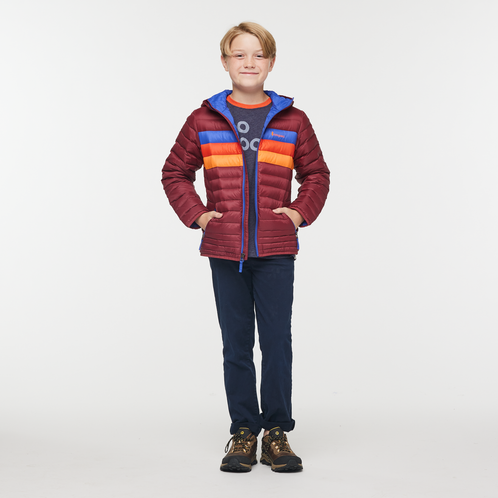 Fuego Hooded Down Jacket - Kids', Burgundy Stripes, Model Dax