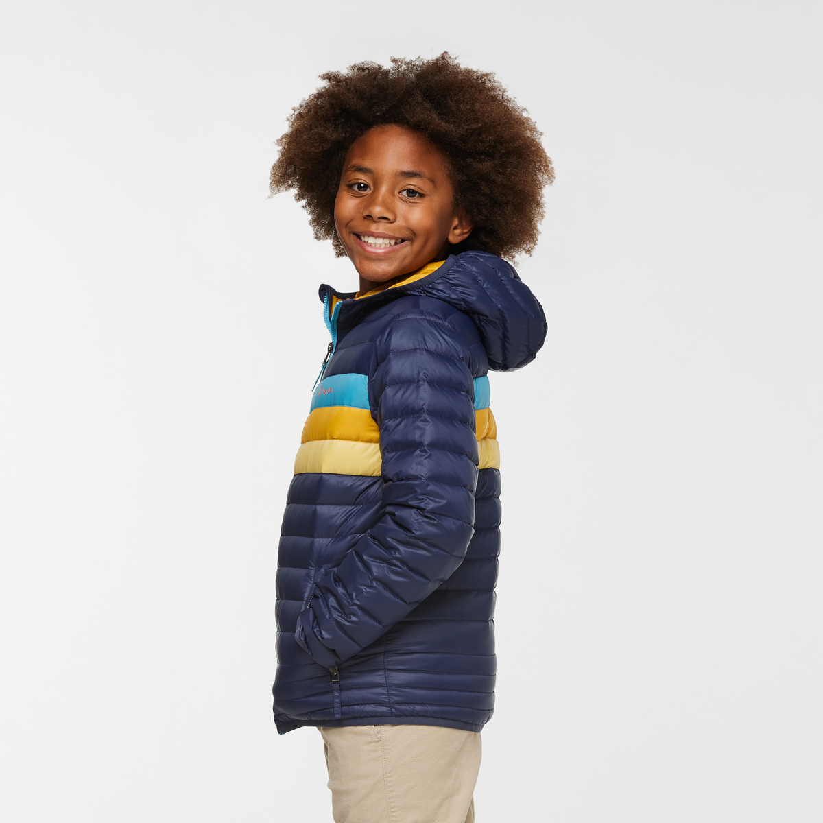 Fuego Hooded Down Jacket - Kids', Maritime Stripes, Model Isaiah
