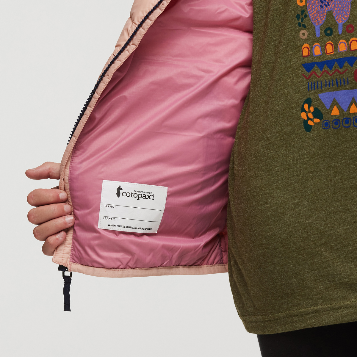 Fuego Hooded Down Jacket - Kids', Rosewood Stripes, Model Gemma Nye