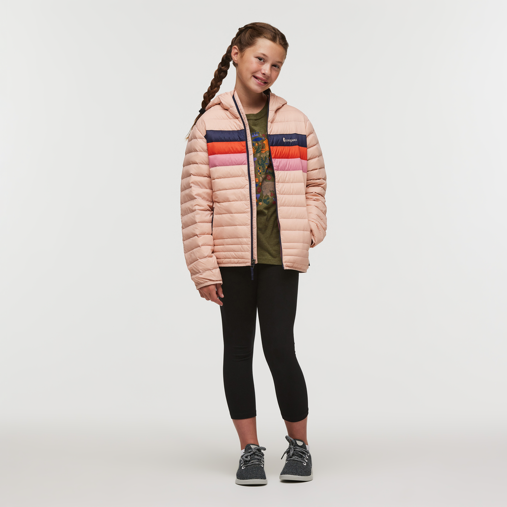 Fuego Hooded Down Jacket - Kids', Rosewood Stripes, Model Gemma Nye