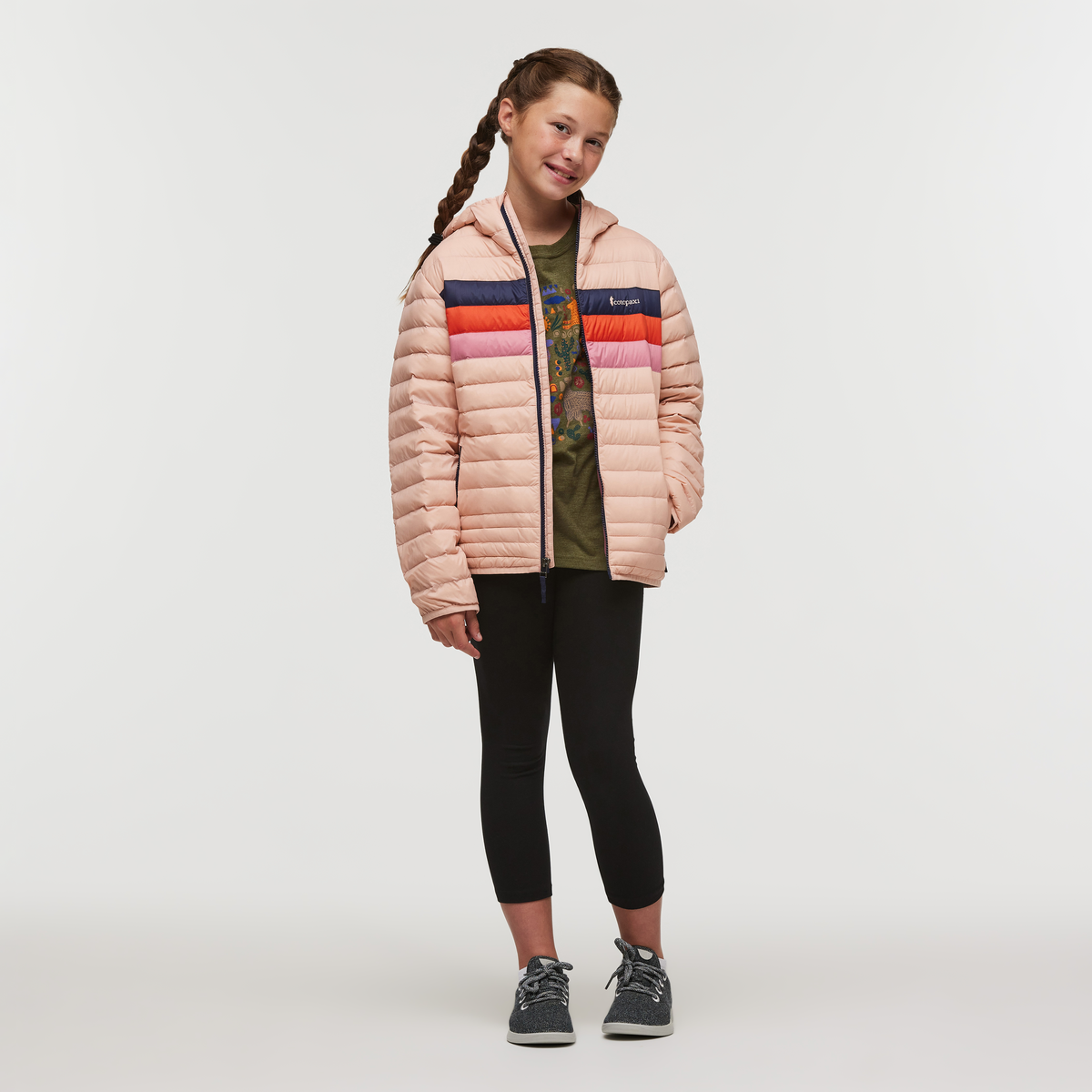 Fuego Hooded Down Jacket - Kids', Rosewood Stripes, Model Gemma Nye