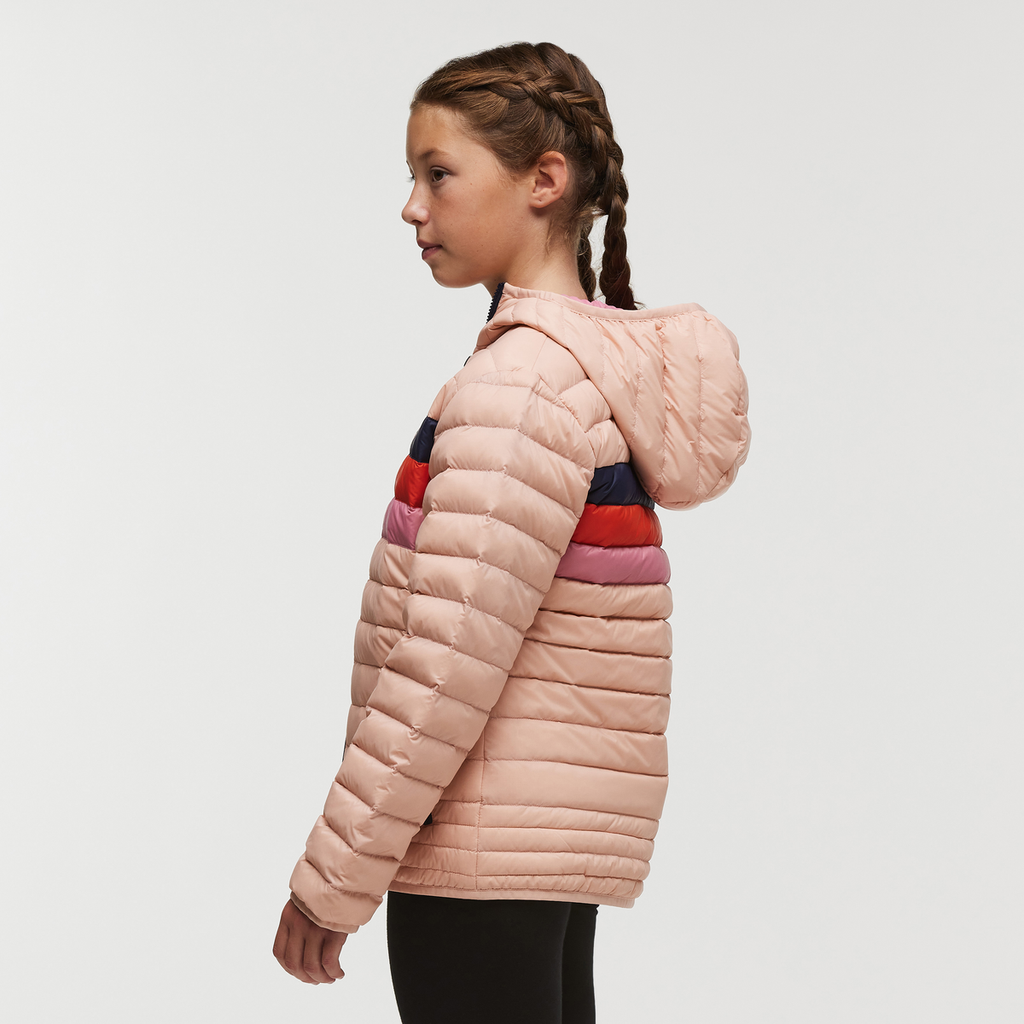 Fuego Hooded Down Jacket - Kids', Rosewood Stripes, Model Gemma Nye