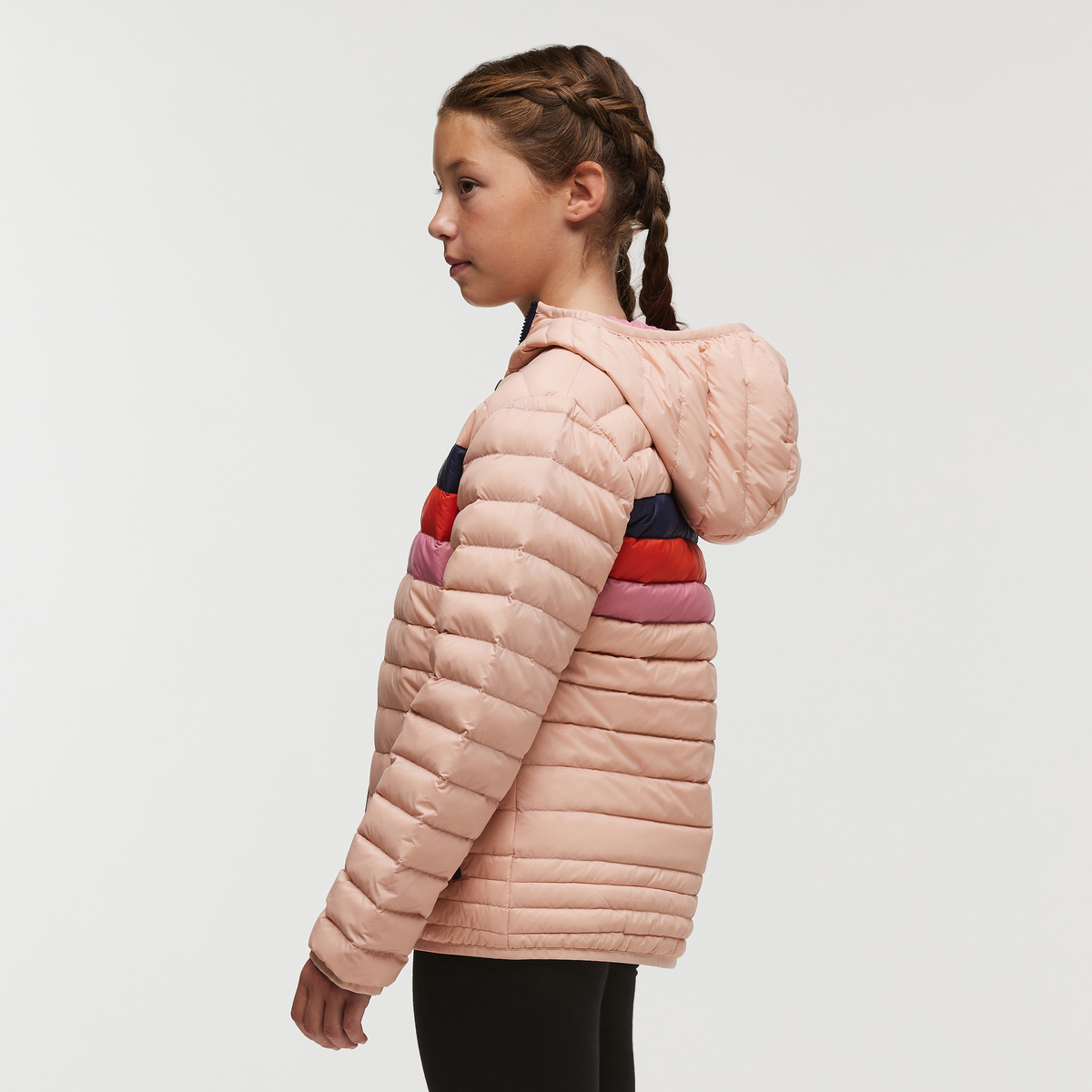 Fuego Hooded Down Jacket - Kids', Rosewood Stripes, Model Gemma Nye