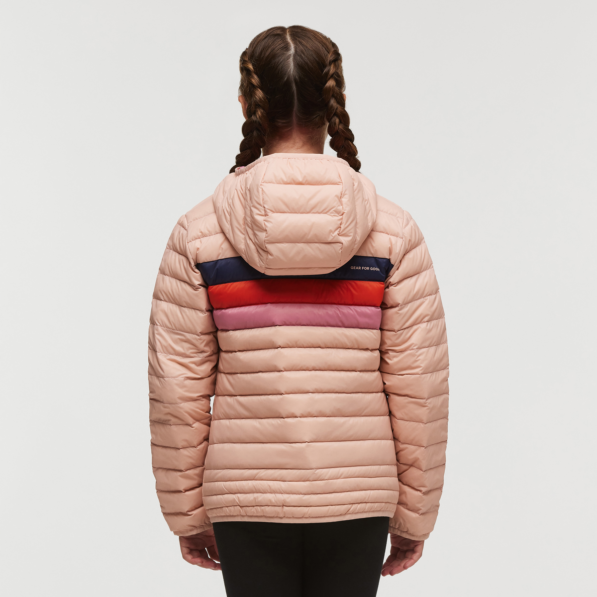 Fuego Hooded Down Jacket - Kids', Rosewood Stripes, Model Gemma Nye