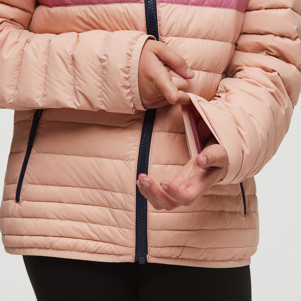 Fuego Hooded Down Jacket - Kids', Rosewood Stripes, Model Gemma Nye