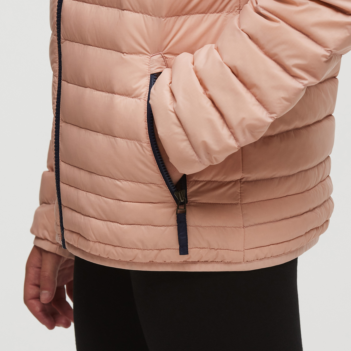 Fuego Hooded Down Jacket - Kids', Rosewood Stripes, Model Gemma Nye