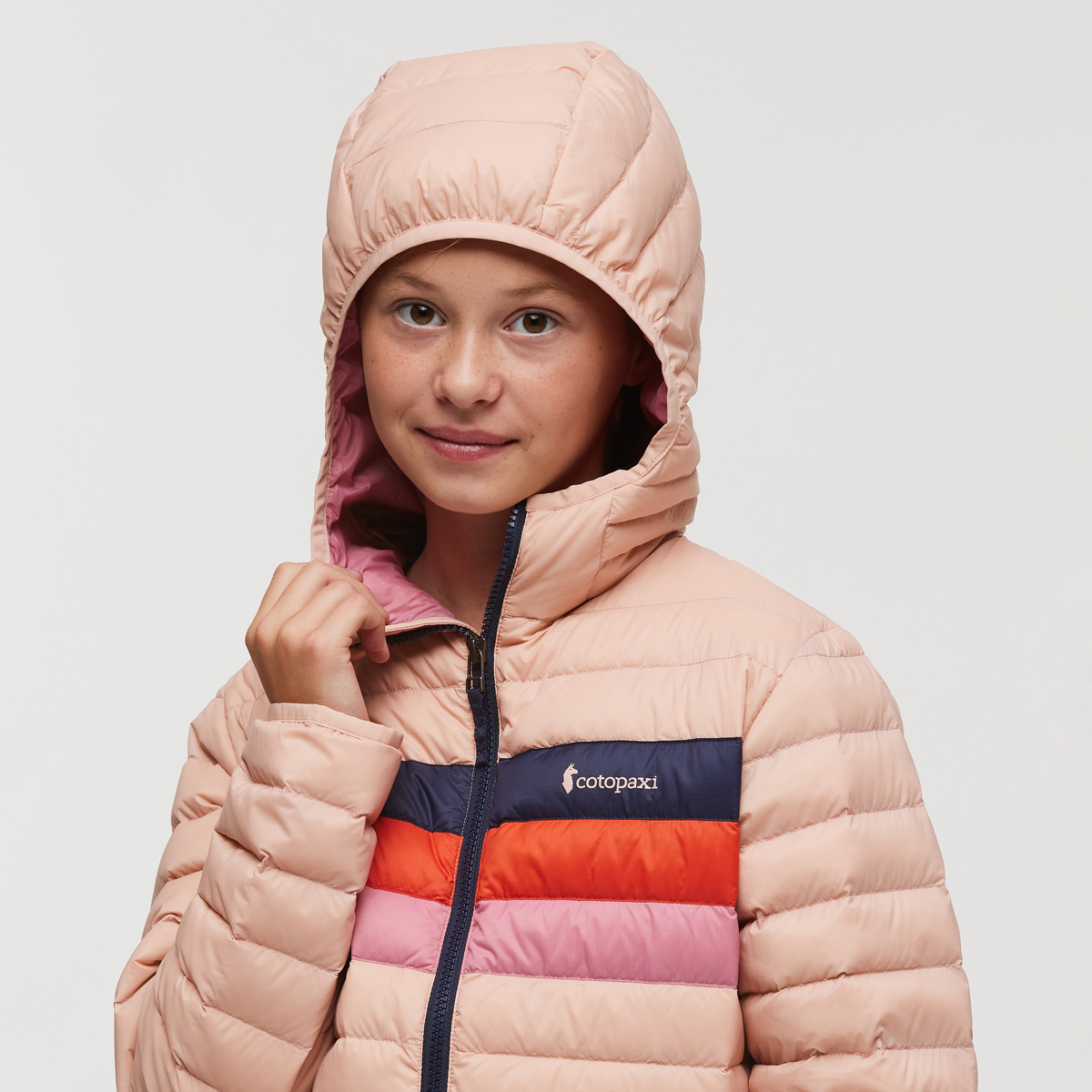 Fuego Hooded Down Jacket - Kids', Rosewood Stripes, Model Gemma Nye