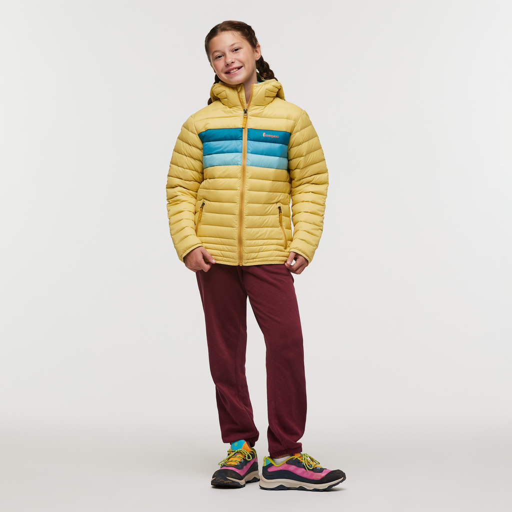 Fuego Hooded Down Jacket - Kids', Wheat Stripes, Model Gemma Nye