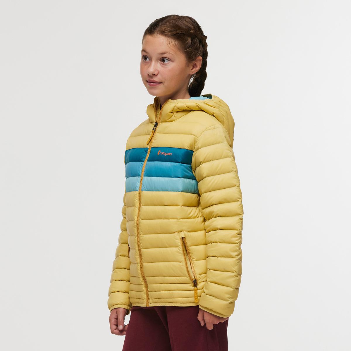 Fuego Hooded Down Jacket - Kids', Wheat Stripes, Model Gemma Nye