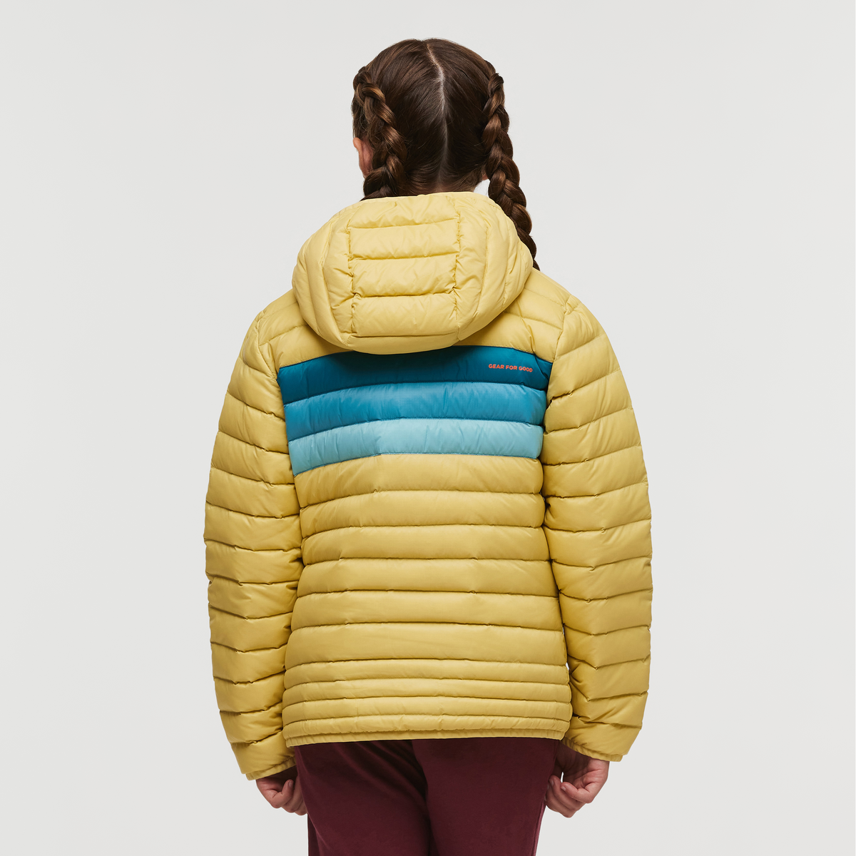 Fuego Hooded Down Jacket - Kids', Wheat Stripes, Model Gemma Nye