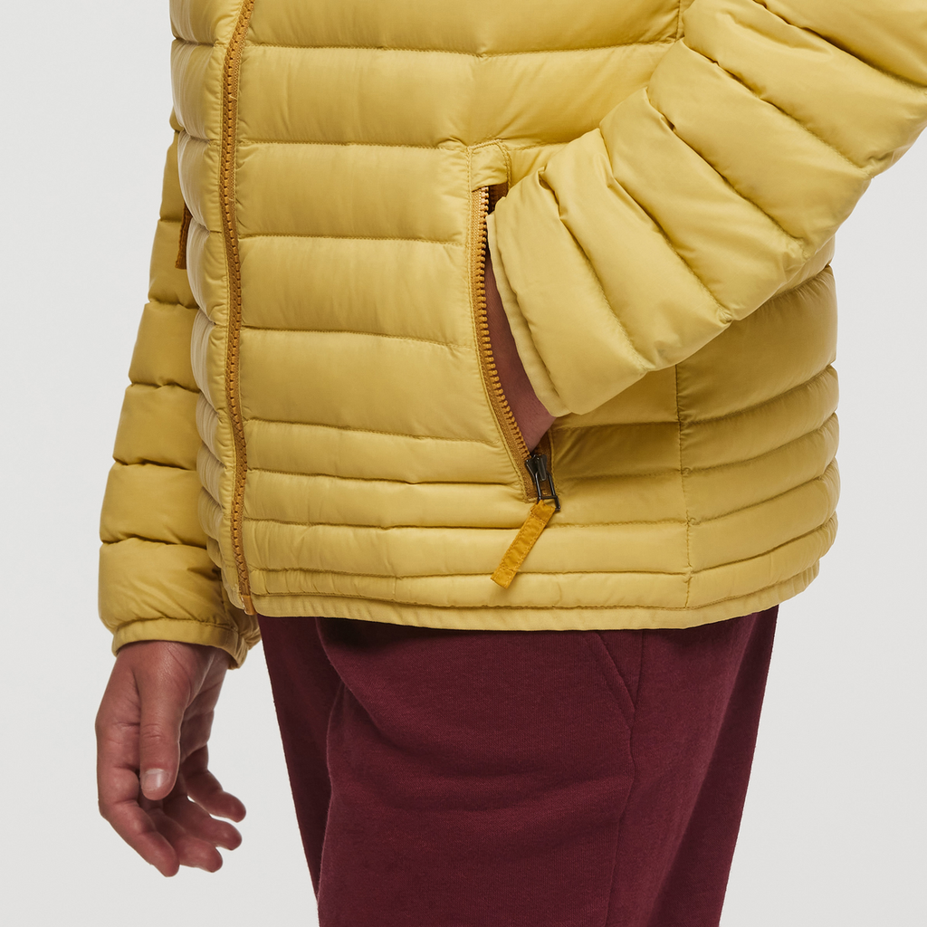 Fuego Hooded Down Jacket - Kids', Wheat Stripes, Model Gemma Nye