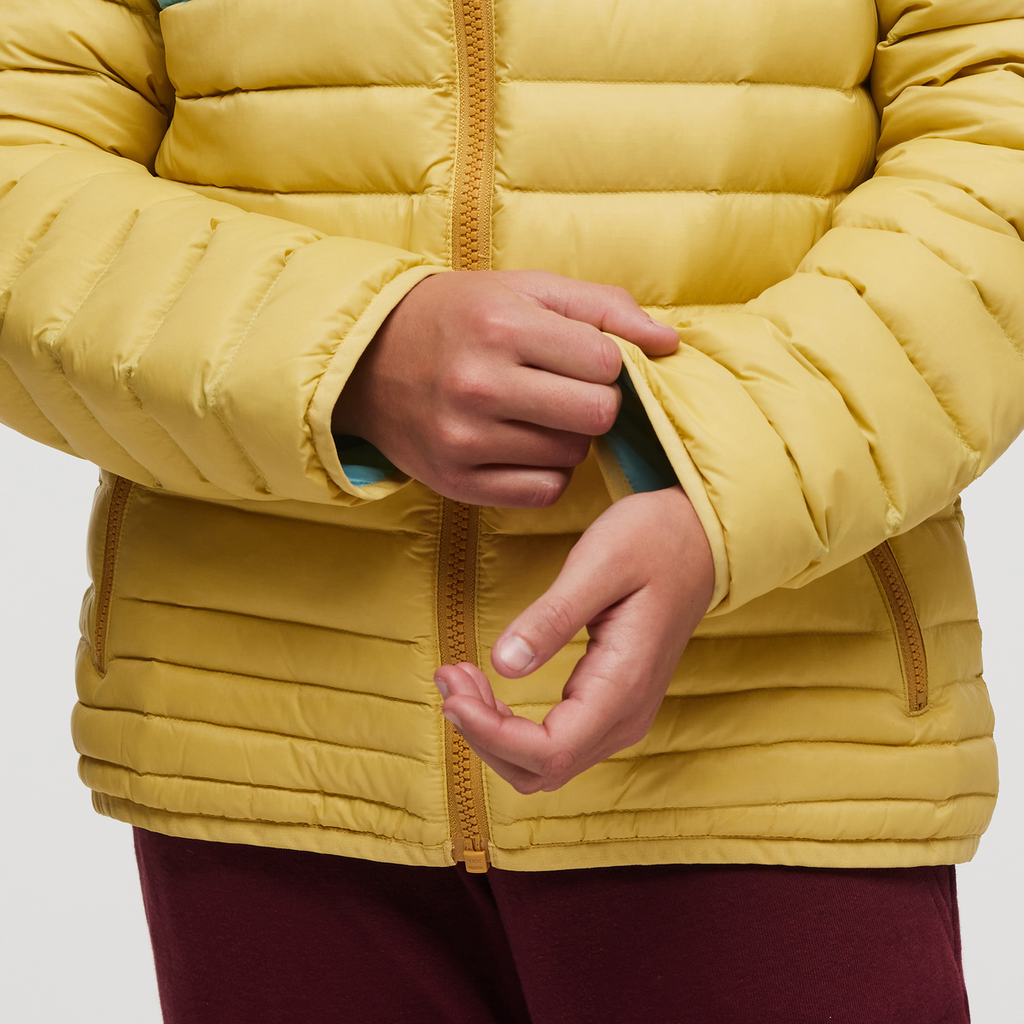 Fuego Hooded Down Jacket - Kids', Wheat Stripes, Model Gemma Nye