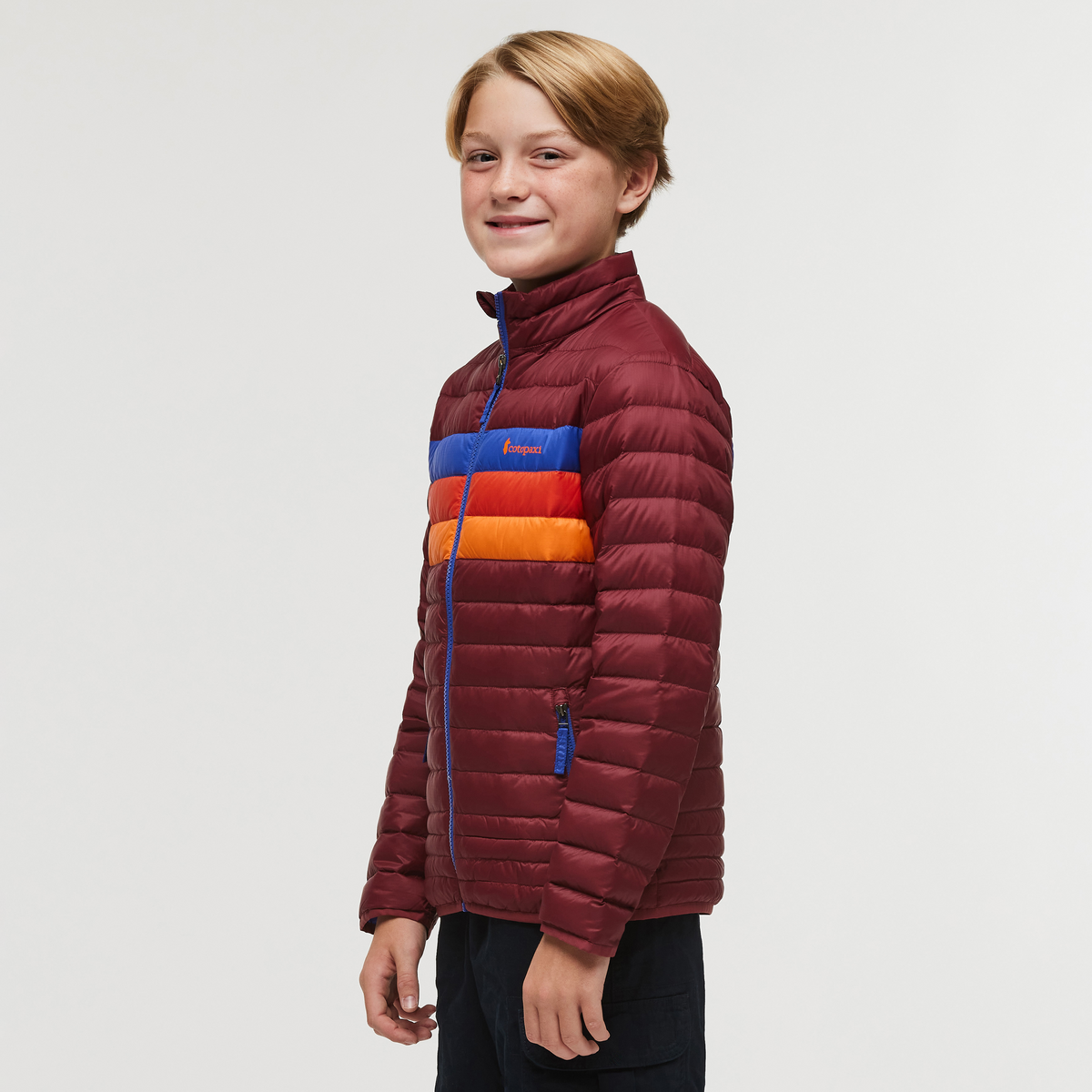 Fuego Down Jacket - Kids', Burgundy Stripes, Model Dax