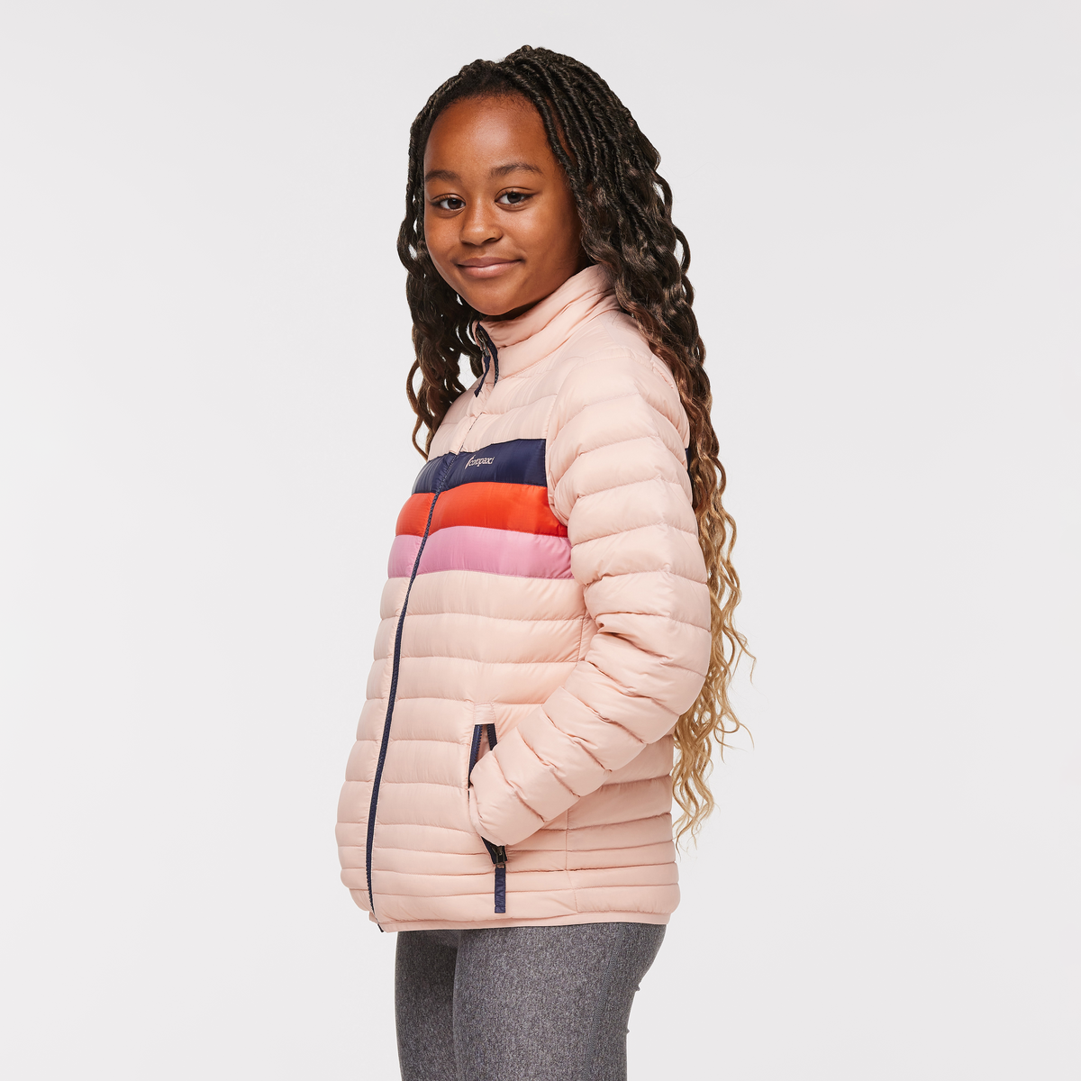 Fuego Down Jacket - Kids', Rosewood Stripes, Model Adelina