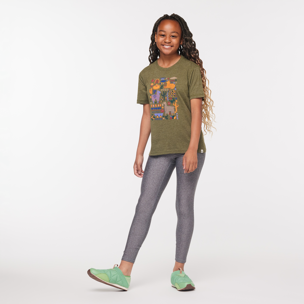 Llama Party T-Shirt - Kids', Pine, Model Adelina