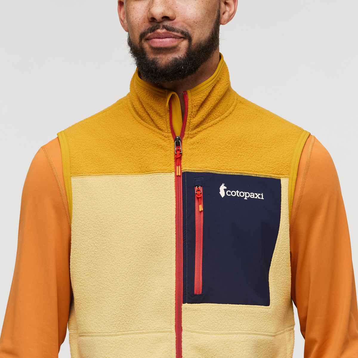 Abrazo Fleece Vest - Men's, Amber/Wheat, Model Alex