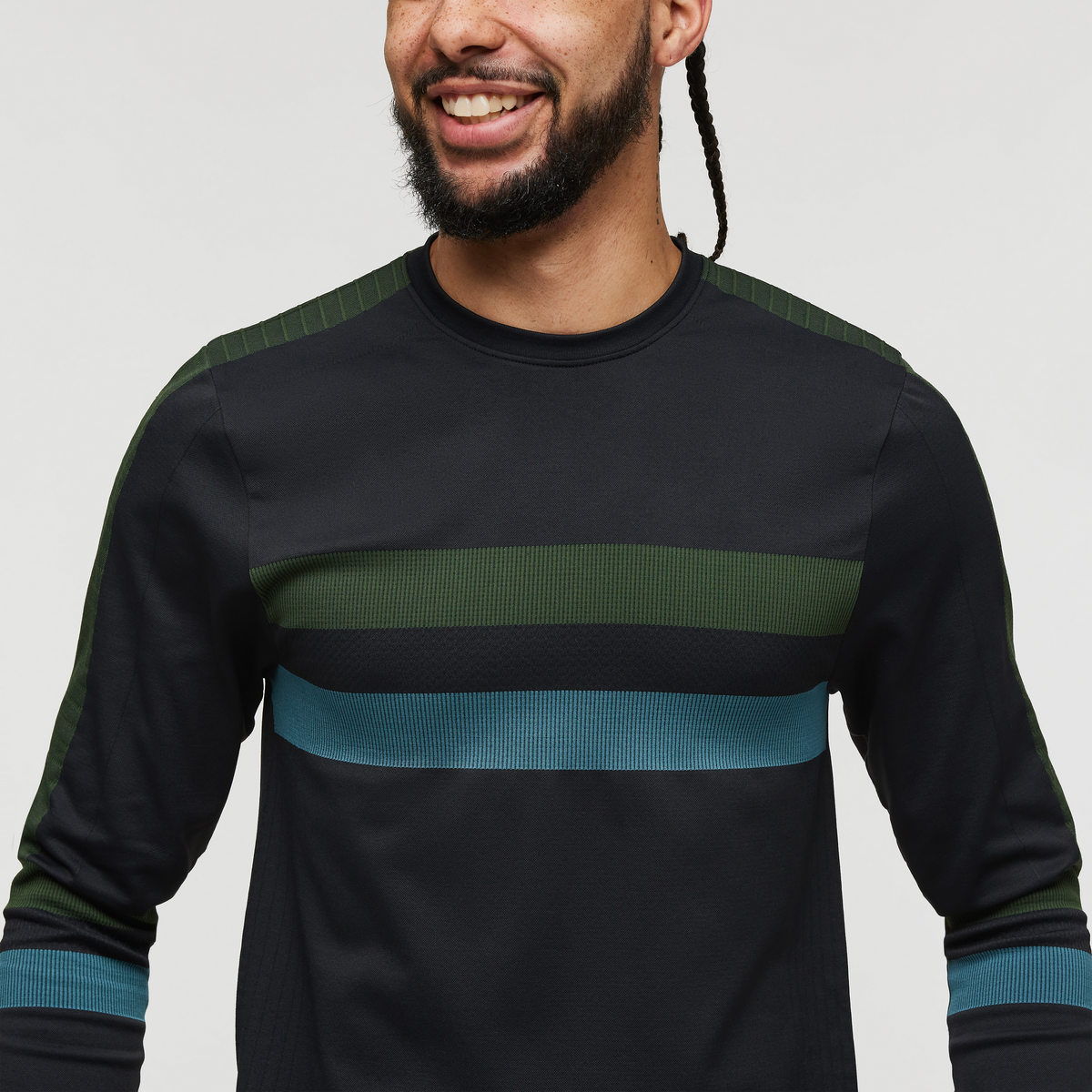 Debajo Seamless Baselayer Crew - Men's, Black Stripes, Model Alex