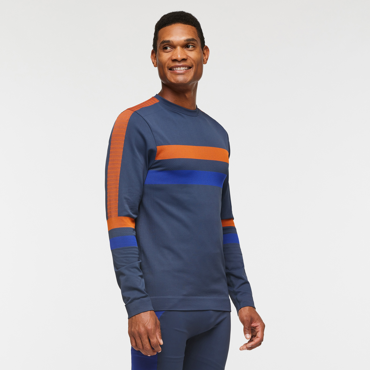 Debajo Seamless Baselayer Crew - Men's, Ink Stripes, Model Jason
