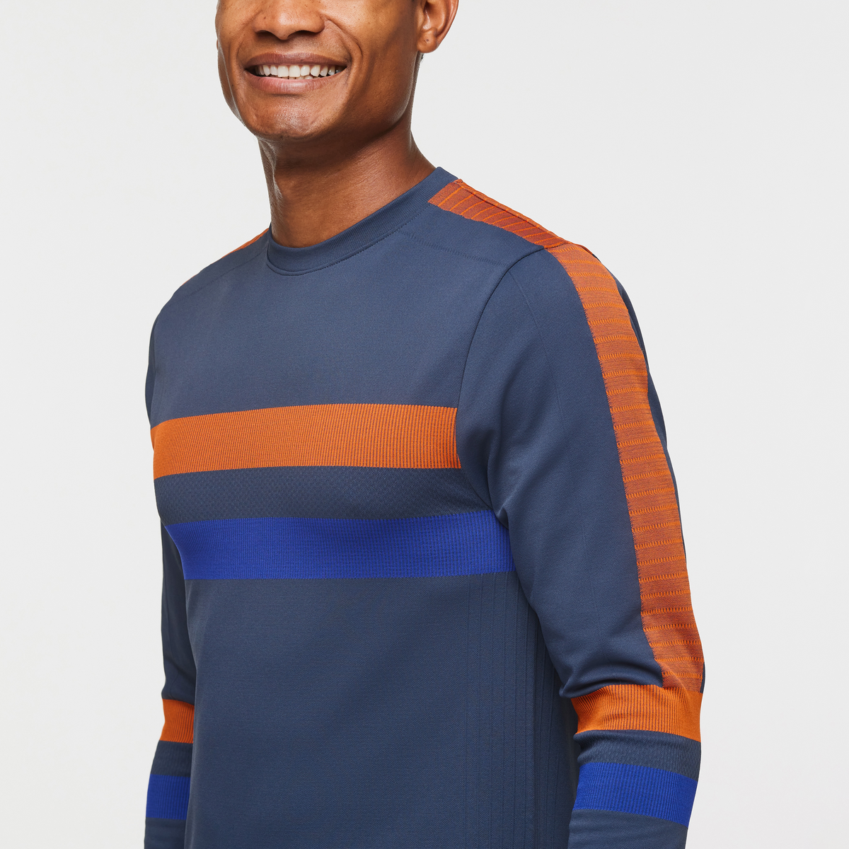 Debajo Seamless Baselayer Crew - Men's, Ink Stripes, Model Jason
