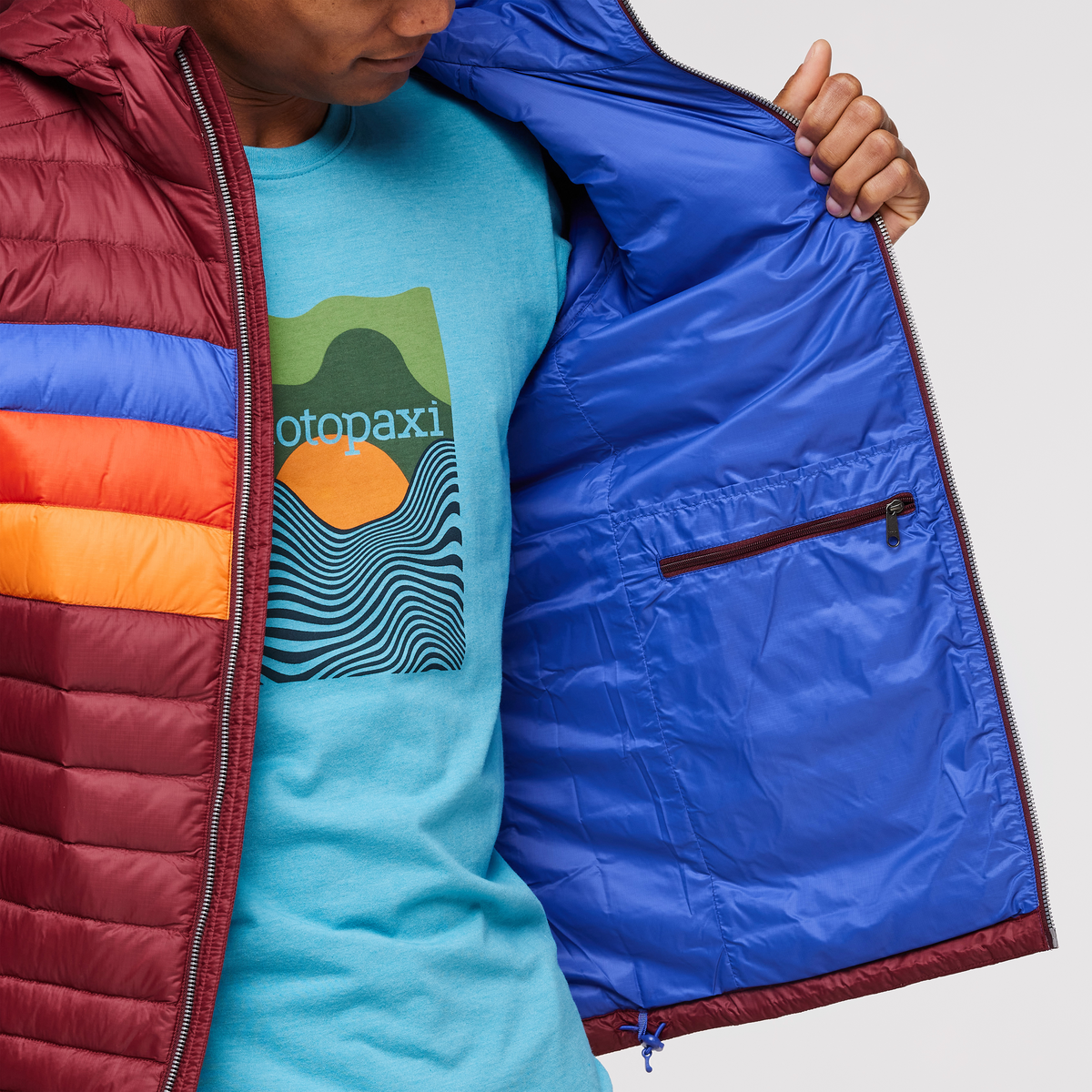 Fuego Hooded Down Jacket - Men's, Burgundy Stripes, Model Jason