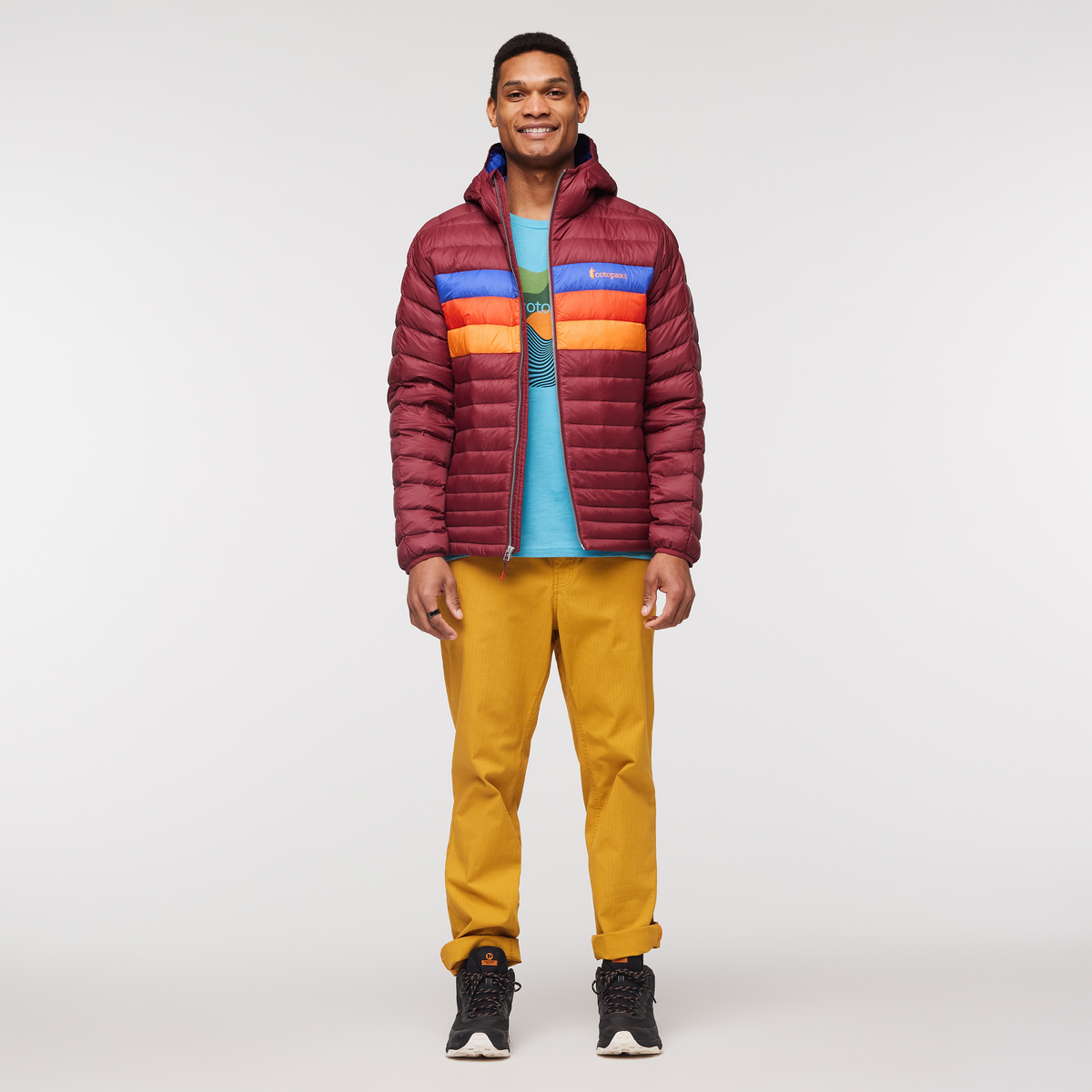 Fuego Hooded Down Jacket - Men's, Burgundy Stripes, Model Jason