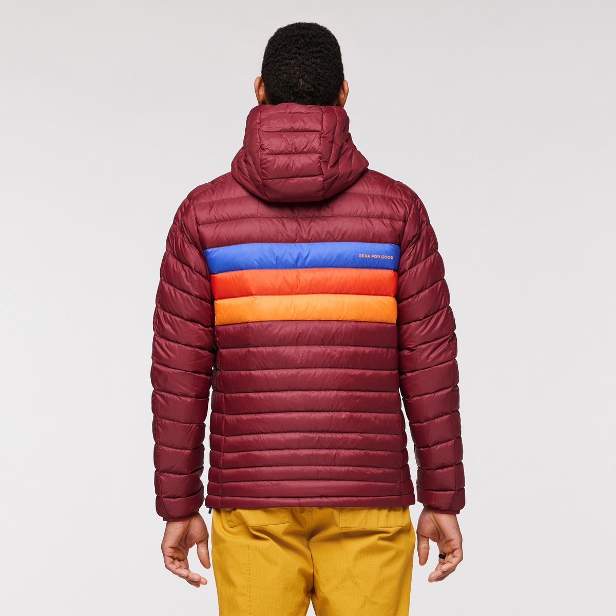 Fuego Hooded Down Jacket - Men's, Burgundy Stripes, Model Jason