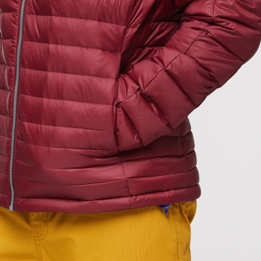 Fuego Hooded Down Jacket - Men's, Burgundy Stripes, Model Jason