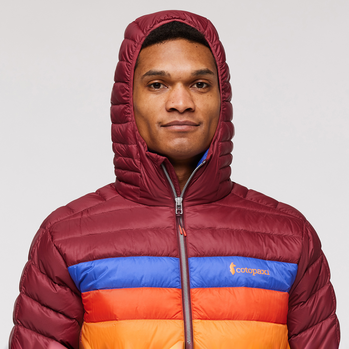 Fuego Hooded Down Jacket - Men's, Burgundy Stripes, Model Jason