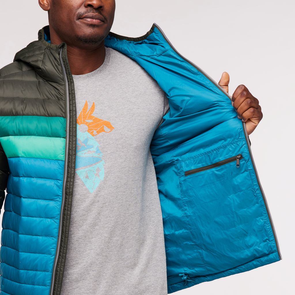 Fuego Hooded Down Jacket - Men's, Woods/Gulf, Model Jeremy