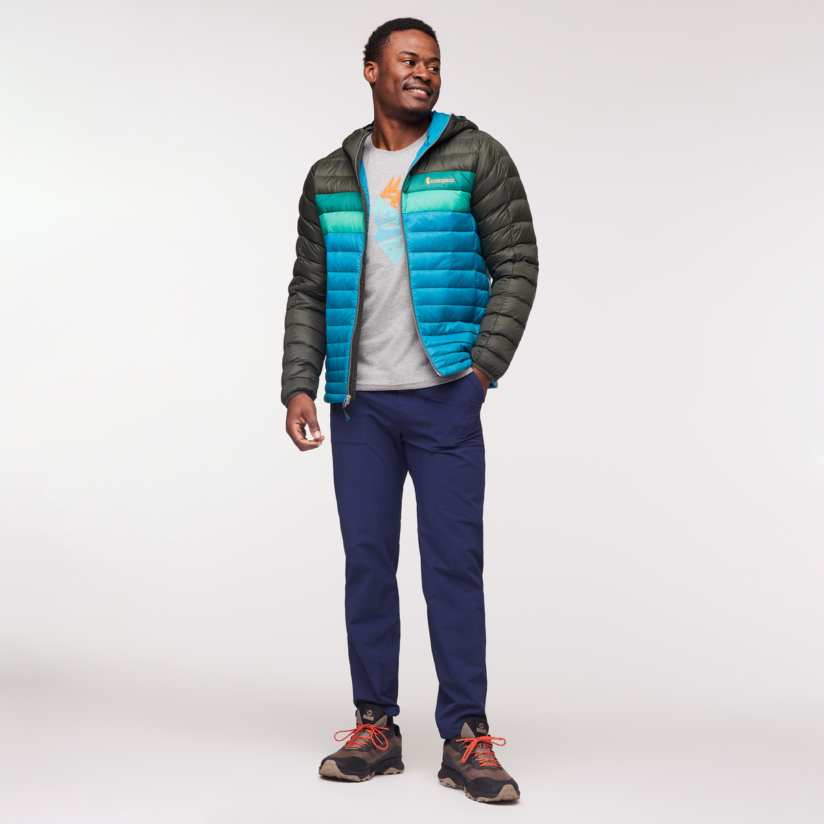 Fuego Hooded Down Jacket - Men's, Woods/Gulf, Model Jeremy