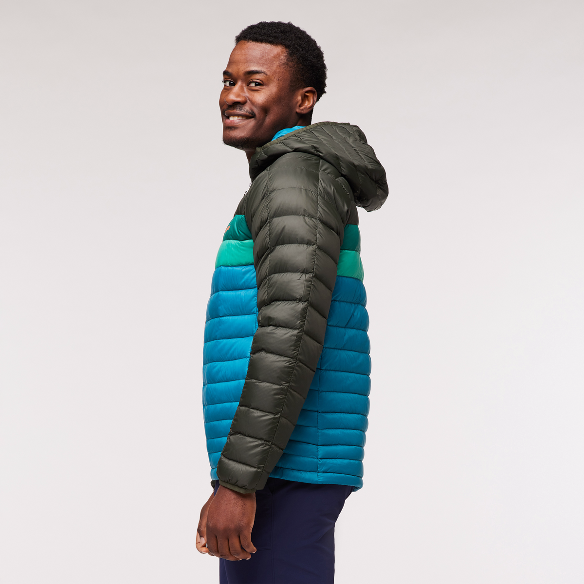 Fuego Hooded Down Jacket - Men's, Woods/Gulf, Model Jeremy
