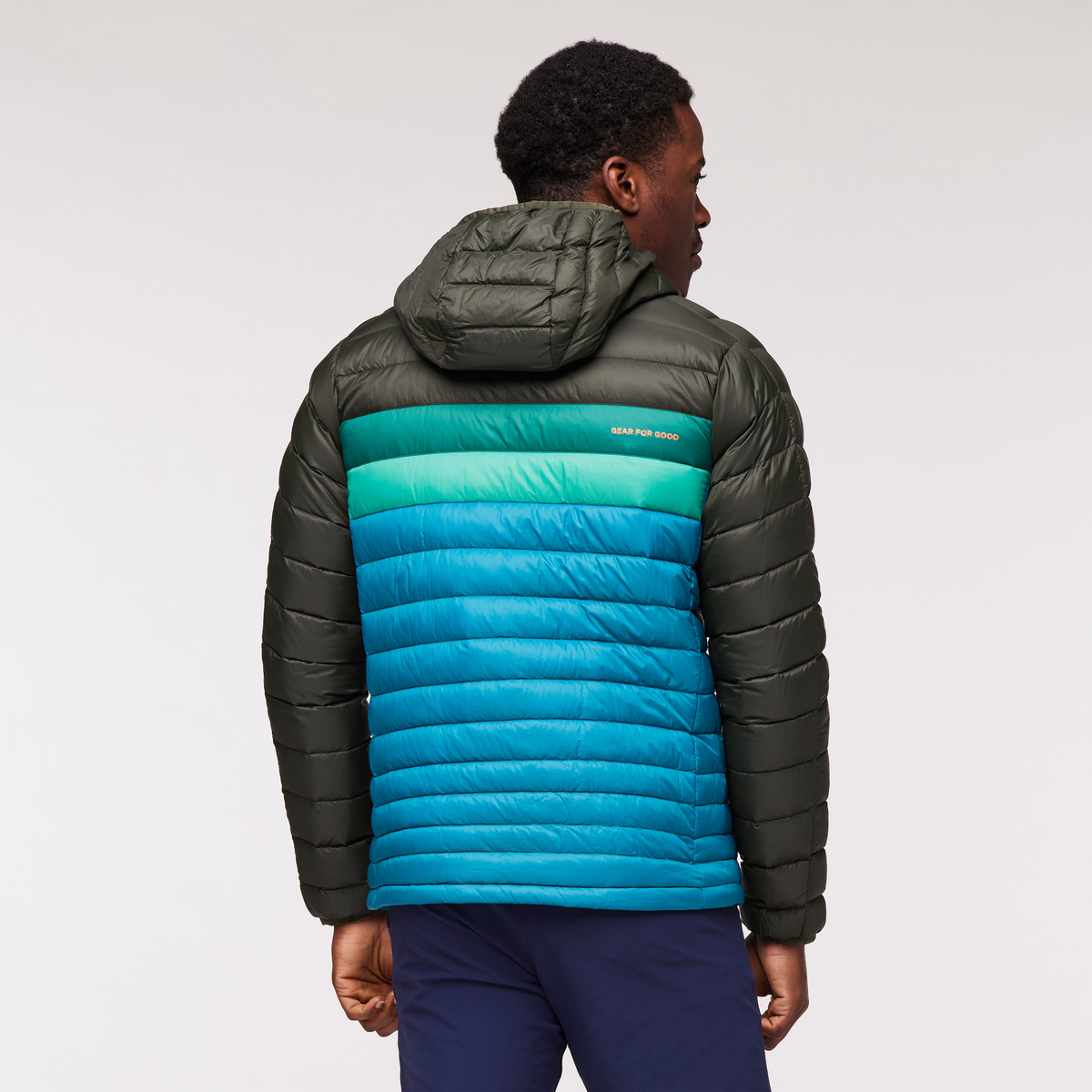 Fuego Hooded Down Jacket - Men's, Woods/Gulf, Model Jeremy