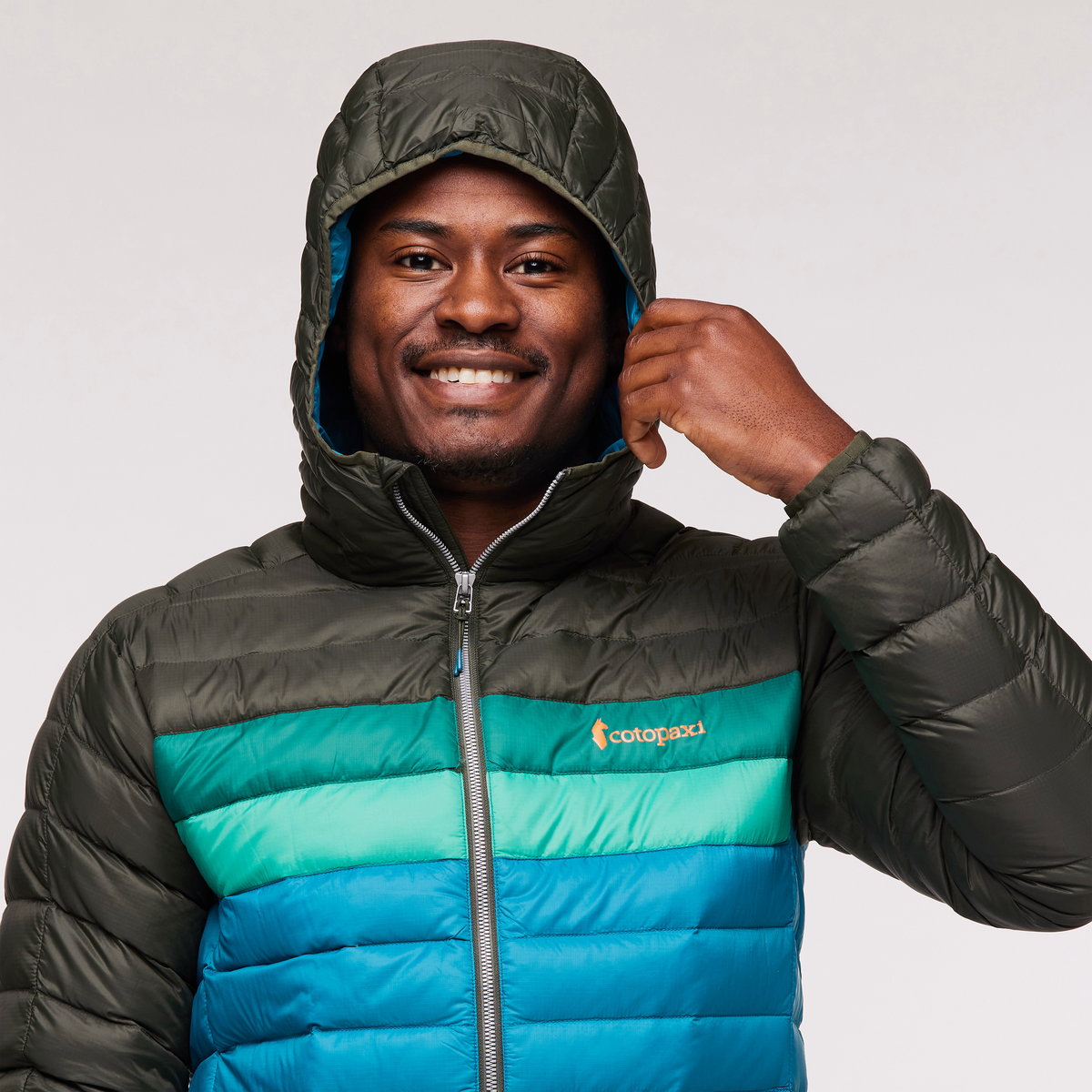 Fuego Hooded Down Jacket - Men's, Woods/Gulf, Model Jeremy